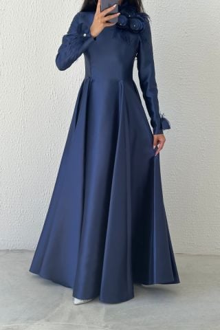 Broş Detaylı Asil Saten Tesettür Abiye Lacivert