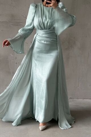 Drape Ve Pelerin Detaylı Janjan Tesettür Abiye İndigo