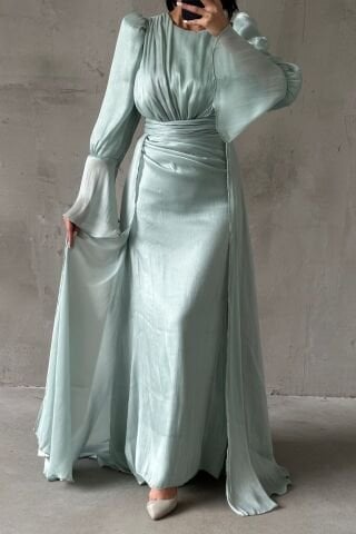 Drape Ve Pelerin Detaylı Janjan Tesettür Abiye İndigo