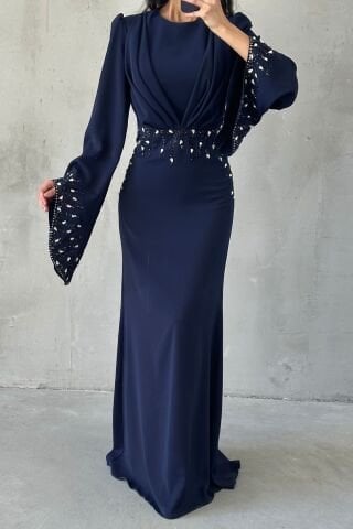 Adriyana Hijab Evening Dress with Sparkle Details Navy Blue