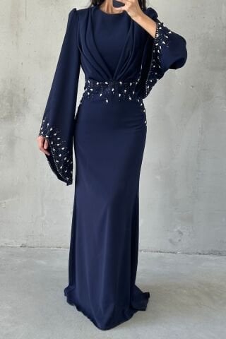 Adriyana Hijab Evening Dress with Sparkle Details Navy Blue