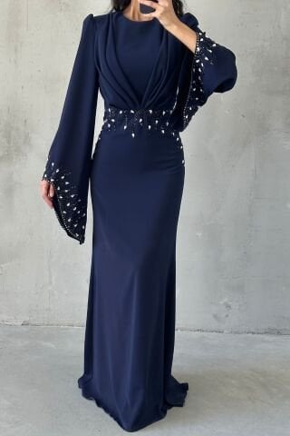Adriyana Hijab Evening Dress with Sparkle Details Navy Blue