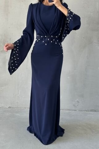 Işıltı Detaylı Adriyana Tesettür Abiye Lacivert