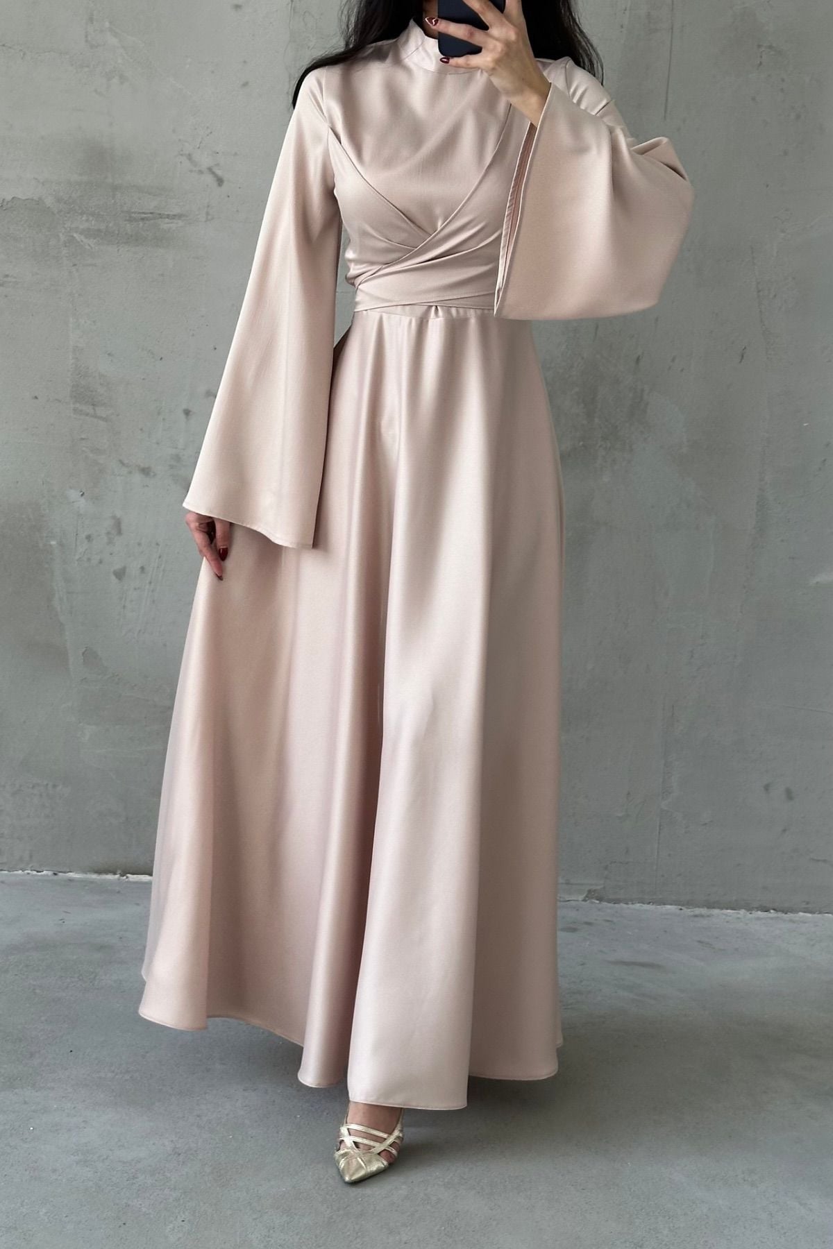 Basic Flounce Sleeve Satin Hijab Evening Dress Stone