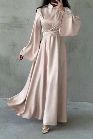 Basic Flounce Sleeve Satin Hijab Evening Dress Stone