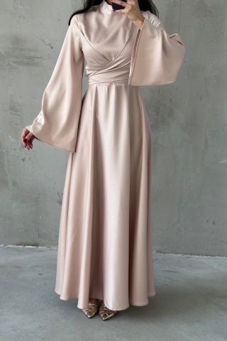Basic Flounce Sleeve Satin Hijab Evening Dress Stone