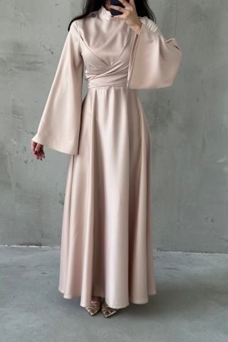 Basic Flounce Sleeve Satin Hijab Evening Dress Stone