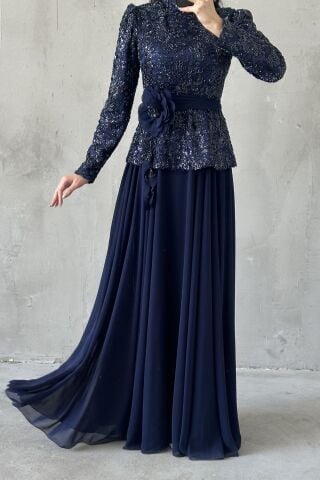 Nare Hijab Evening Dress Navy Blue