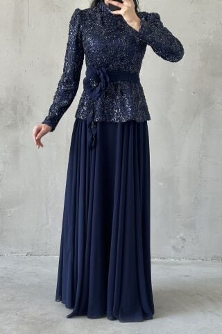 Nare Hijab Evening Dress Navy Blue