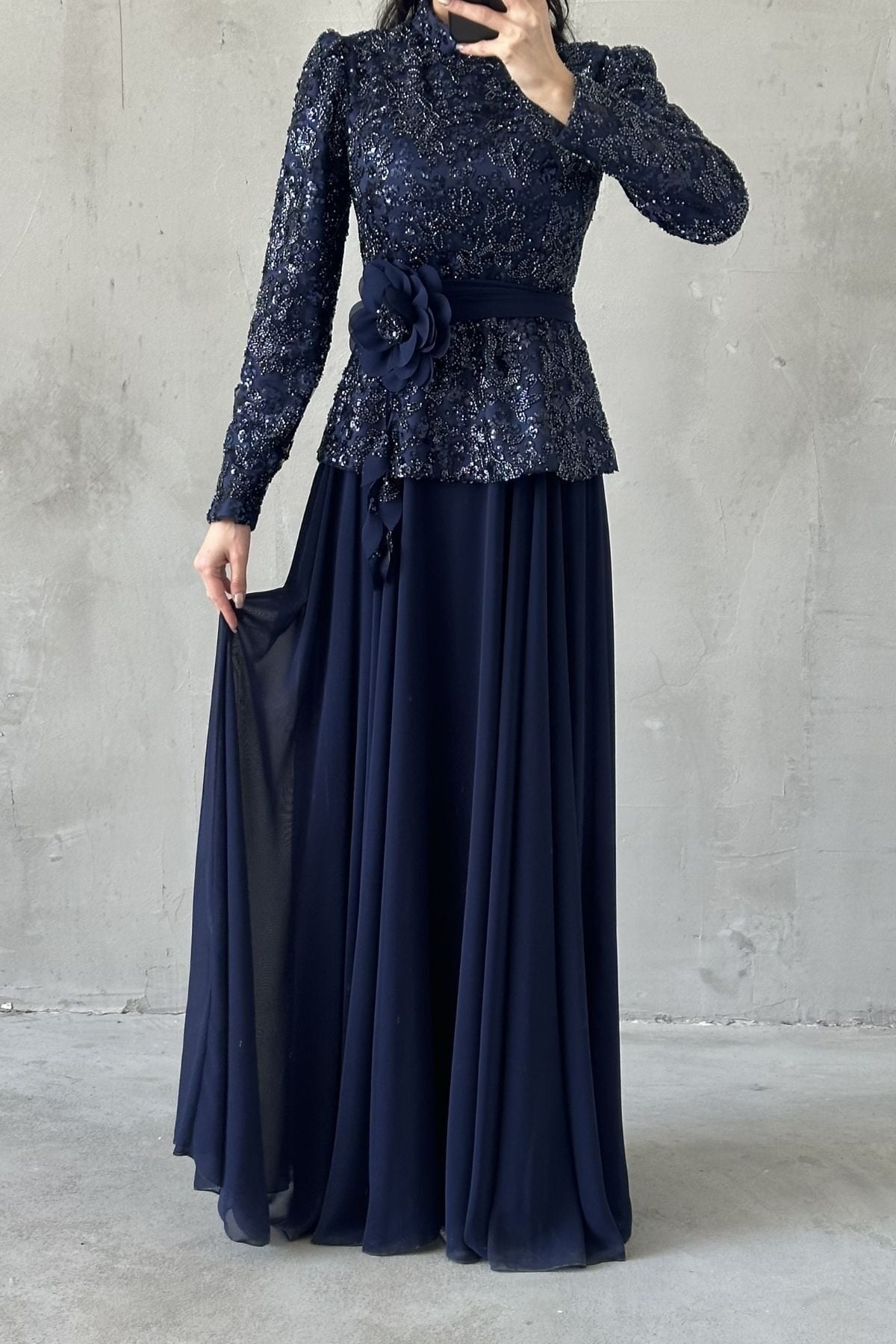 Nare Hijab Evening Dress Navy Blue