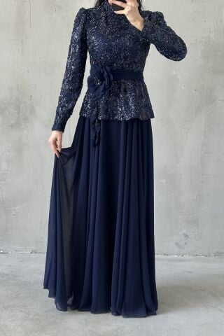 Nare Hijab Evening Dress Navy Blue