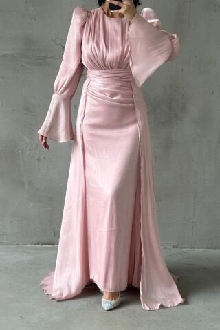 Drape Ve Pelerin Detaylı Janjan Tesettür Abiye Pudra