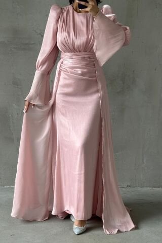 Drape Ve Pelerin Detaylı Janjan Tesettür Abiye Pudra