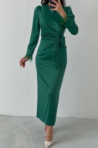 Pencil Satin Hijab Evening Dress with Feather Sleeves Dark Green
