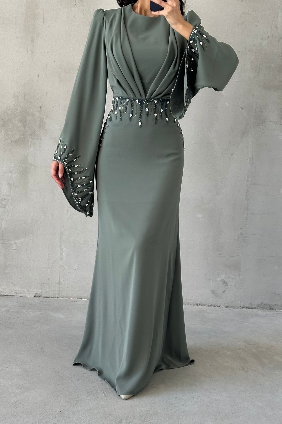 Işıltı Detaylı Adriyana Tesettür Abiye Su Yeşil