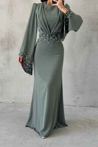 Işıltı Detaylı Adriyana Tesettür Abiye Su Yeşil