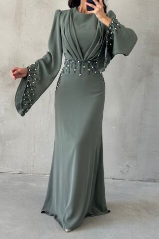 Işıltı Detaylı Adriyana Tesettür Abiye Su Yeşil