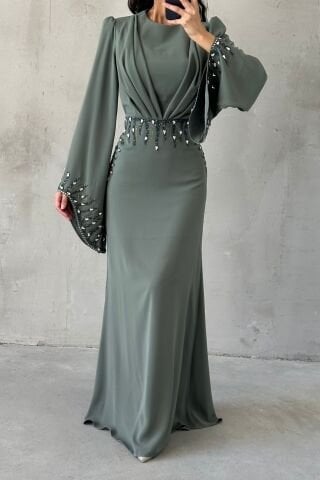 Işıltı Detaylı Adriyana Tesettür Abiye Su Yeşil