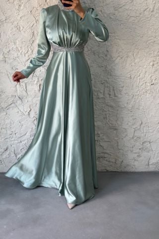 Stone Detailed Gathered Satin Hijab Evening Dress Mint Green