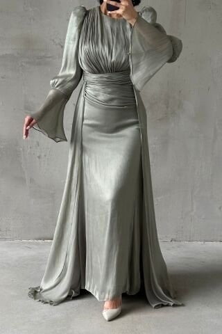 Drape Ve Pelerin Detaylı Janjan Tesettür Abiye Su Yeşili