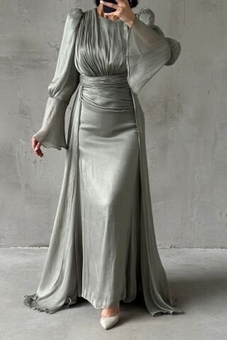 Drape Ve Pelerin Detaylı Janjan Tesettür Abiye Su Yeşili