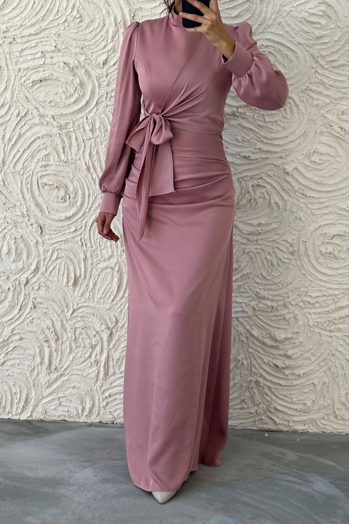 Satin Hijab Evening Dress Powder with Gathering and Knot Detail