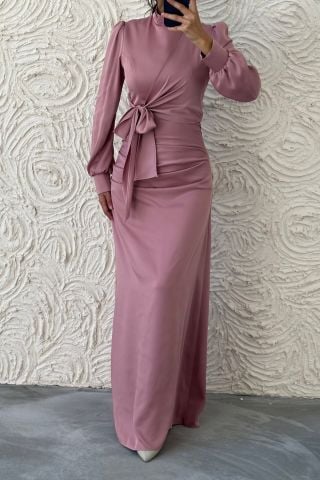Satin Hijab Evening Dress Powder with Gathering and Knot Detail