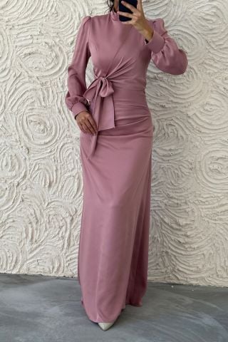 Büzgü Ve Düğüm Detaylı Saten Tesettür Abiye Pudra