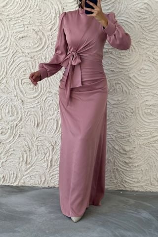 Büzgü Ve Düğüm Detaylı Saten Tesettür Abiye Pudra