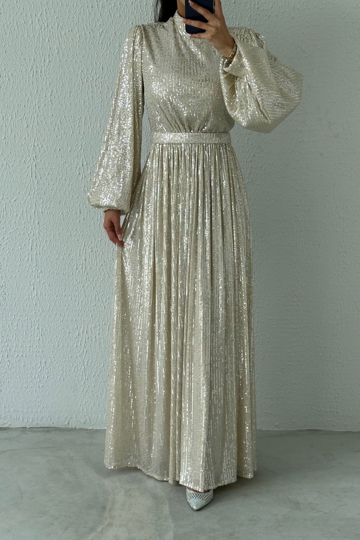 Balloon Sleeve Sequin Sequin Hijab Evening Dress Stone