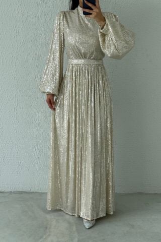 Balloon Sleeve Sequin Sequin Hijab Evening Dress Stone