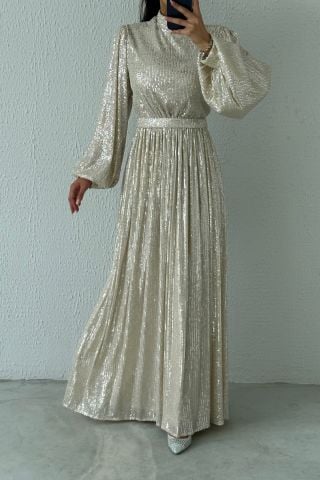 Balloon Sleeve Sequin Sequin Hijab Evening Dress Stone