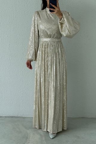 Balloon Sleeve Sequin Sequin Hijab Evening Dress Stone