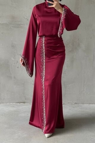 Dökümlü Kol Işıltılı İşlemeli Saten Tesettür Abiye Bordo