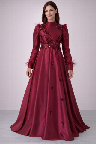 Elegan Tüy Detaylı Saten Tesettür Abiye Bordo