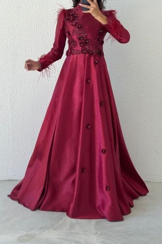 Elegan Tüy Detaylı Saten Tesettür Abiye Bordo