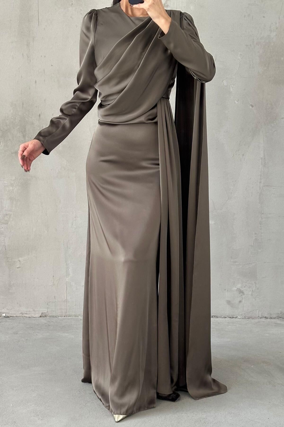 Lavina Satin Modest Evening Dress Khaki