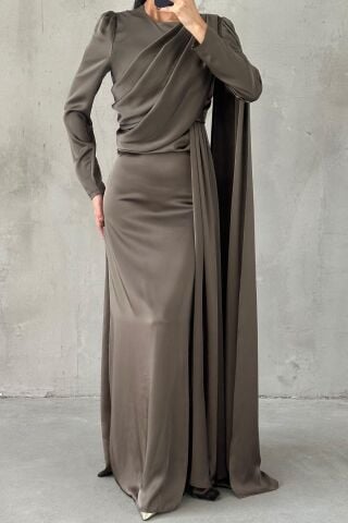 Lavina Satin Modest Evening Dress Khaki