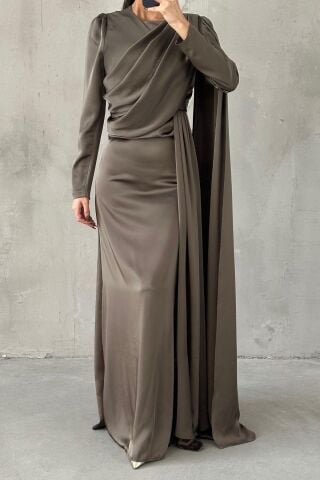 Lavina Satin Modest Evening Dress Khaki