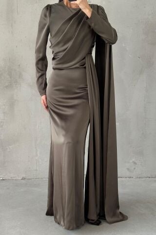 Lavina Satin Modest Evening Dress Khaki