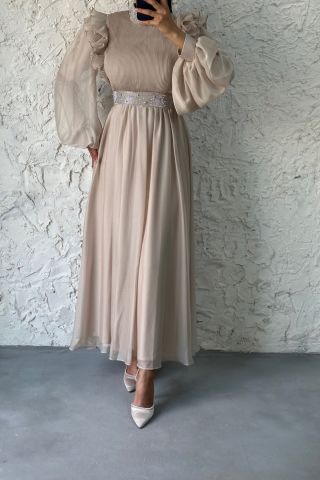 Chiffon Hijab Evening Dress with Thin Pleat Stone Detail on the Top