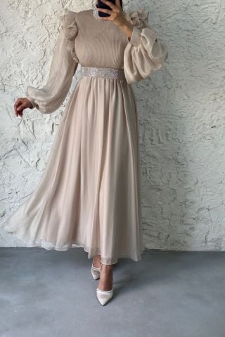 Chiffon Hijab Evening Dress with Thin Pleat Stone Detail on the Top