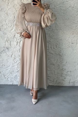 Chiffon Hijab Evening Dress with Thin Pleat Stone Detail on the Top