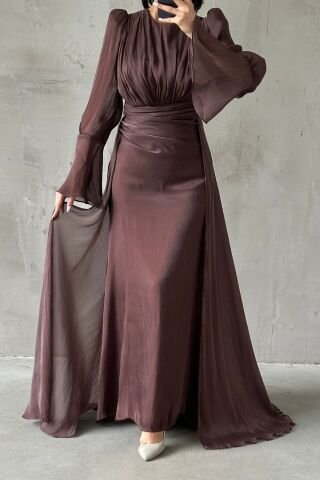 Drape and Cape Detailed Janjan Hijab Evening Dress Brown