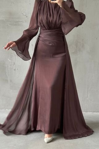 Drape and Cape Detailed Janjan Hijab Evening Dress Brown