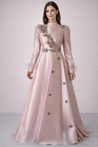Elegan Tüy Detaylı Saten Tesettür Abiye Pudra