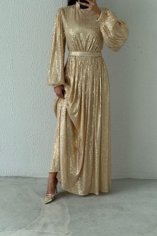 Balon Kol Pul Payet Tesettür Abiye Bakır