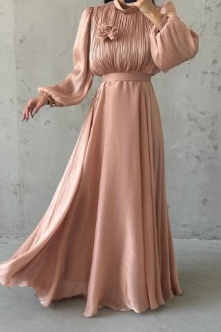 Modern Tasarım Broş Detaylı Tesettür Abiye Bakır