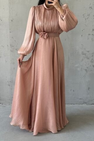 Modern Tasarım Broş Detaylı Tesettür Abiye Bakır