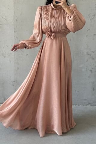 Modern Tasarım Broş Detaylı Tesettür Abiye Bakır